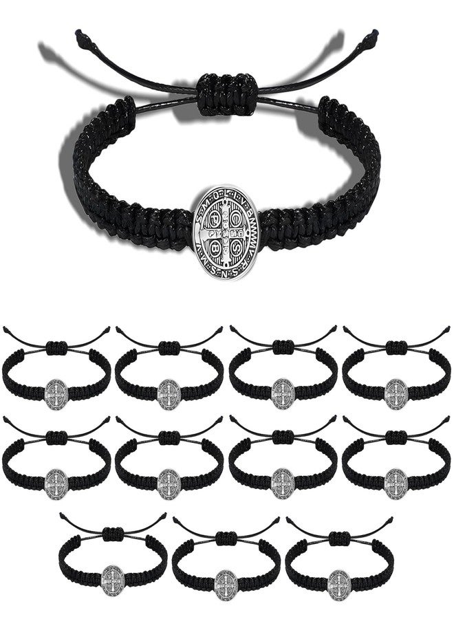 eggigi 12 Pcs Silver Saint Benedict Medal Rosary Bracelet, Catholic Wrist Bracelets Adjustable String Bracelets Religious Gifts for Men Women (Black) - Image 1